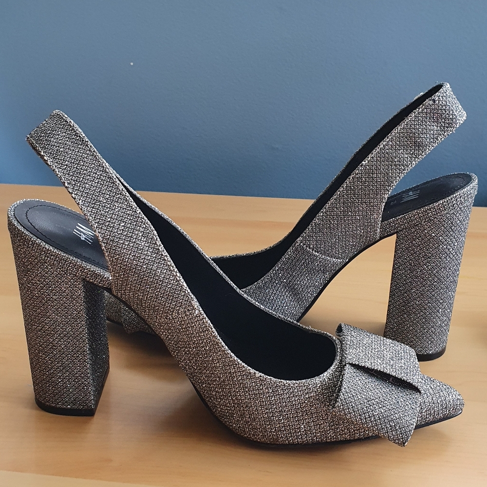 HM slingback silver sparkly heels with box bow